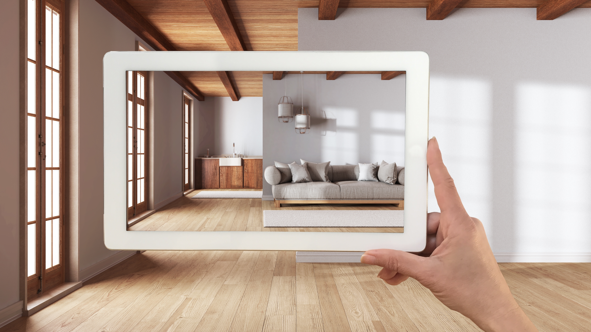 room with augmented reality device showing digital furniture in place