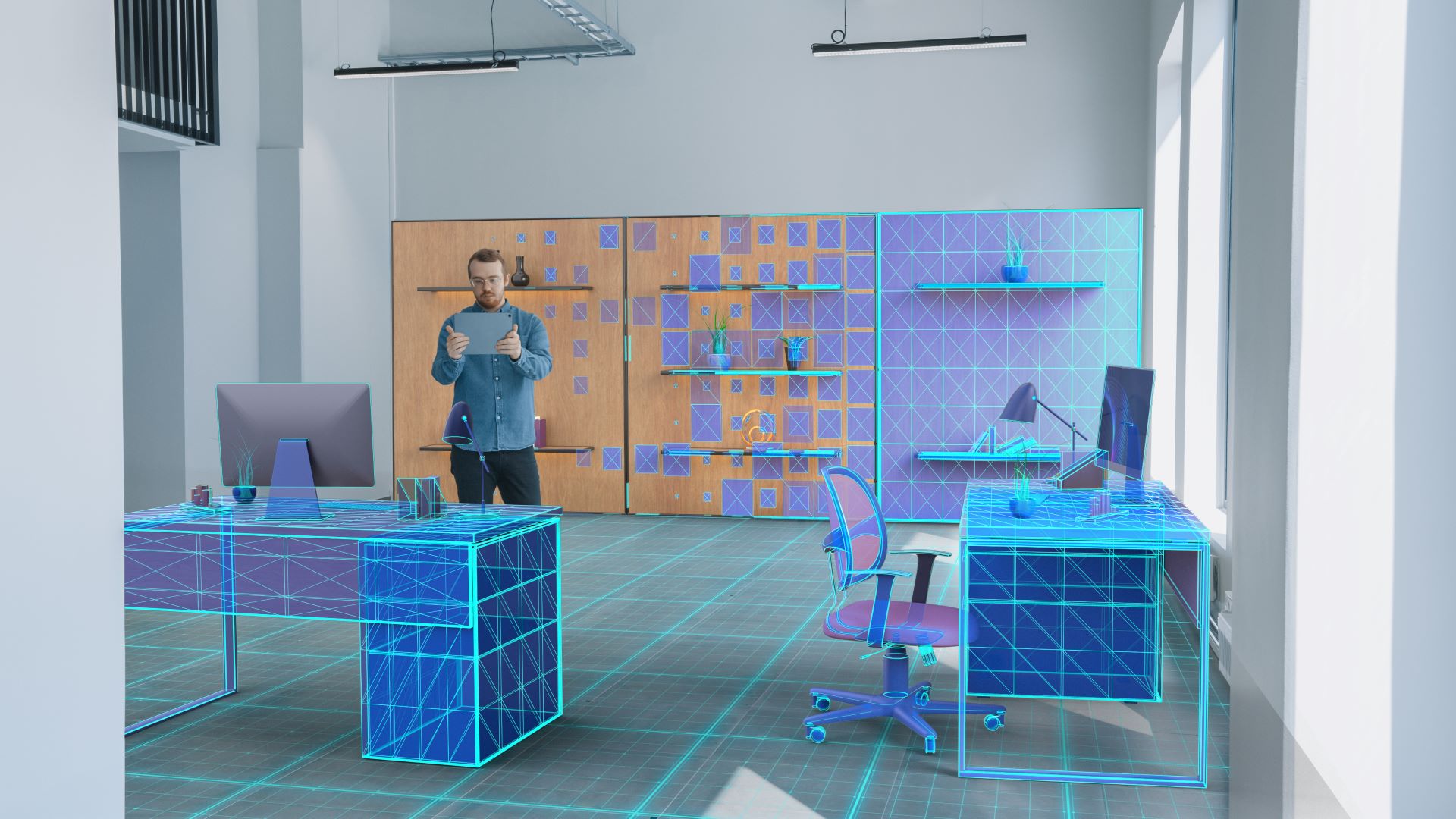 complete room viewed in augmented reality with man standing in the middle