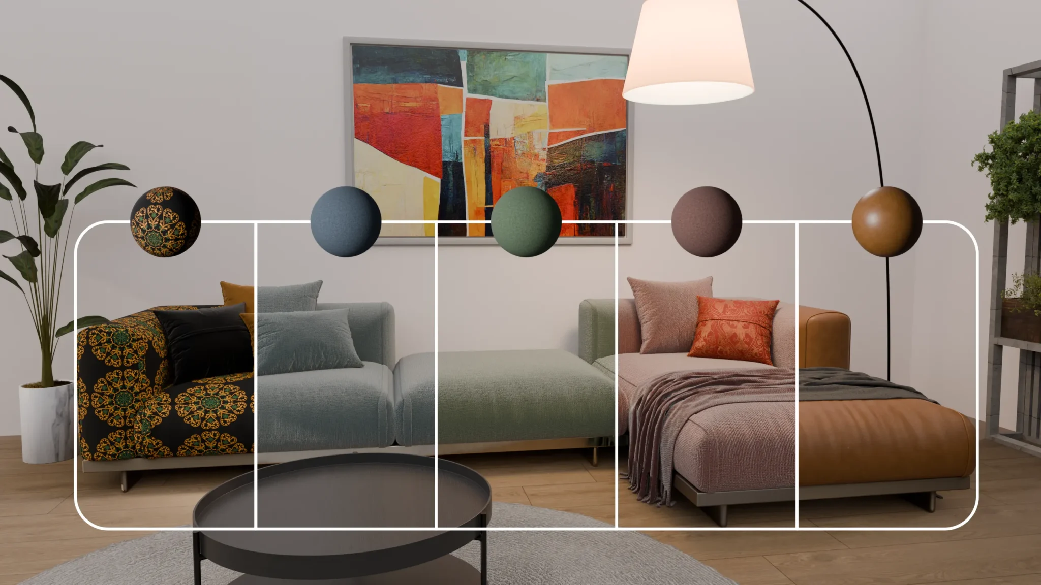 Product configurator 3D render living room scene with sofa
