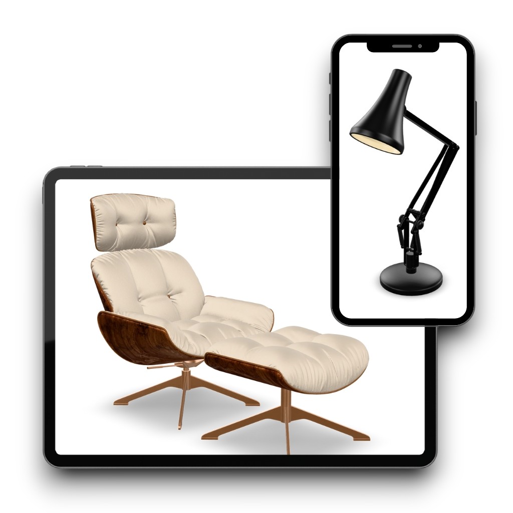 3D models of a cream leather eames lounge chair and desk lamp