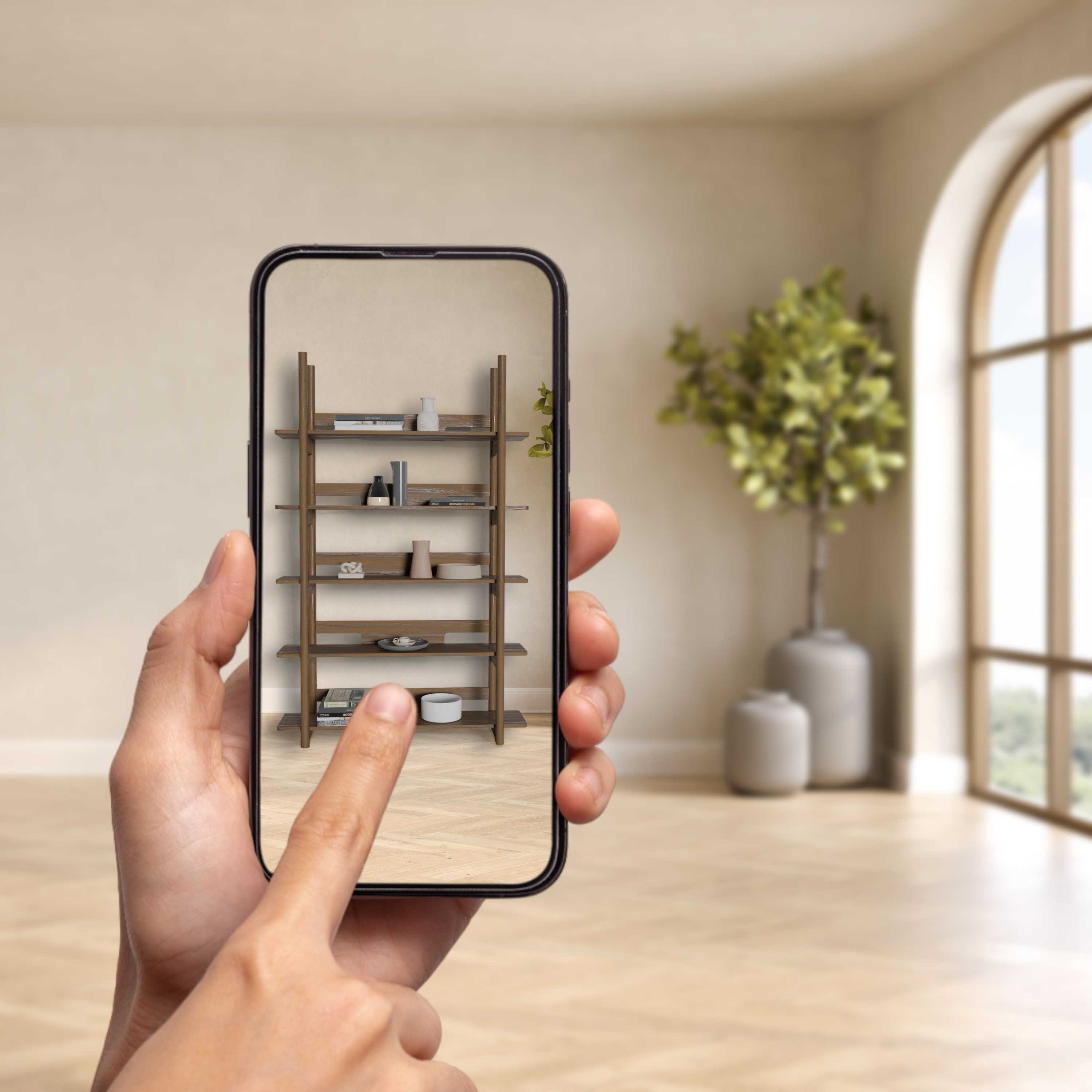 living room with augmented reality bookshelf